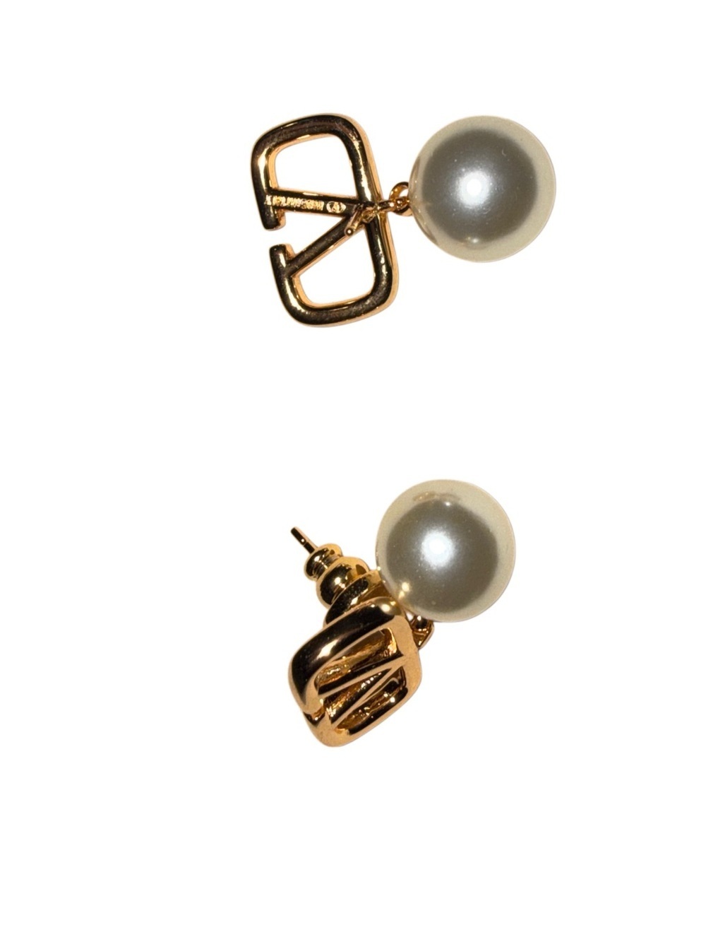 Gold V Pearl Drop Stud Earrings Designer Inspired Statement Jewelry - Picture 3 of 5